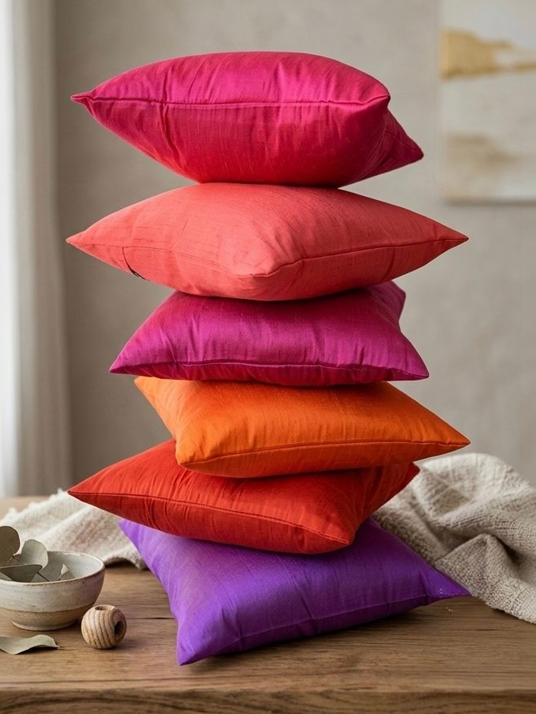 RoyalDeco Magenta And Orange 6 Pieces Silk Square Cushion Covers