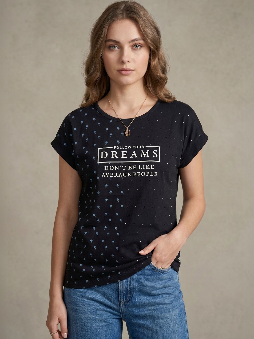 Wineberry Women Typography Printed Roll-Up Sleeves T-shirt