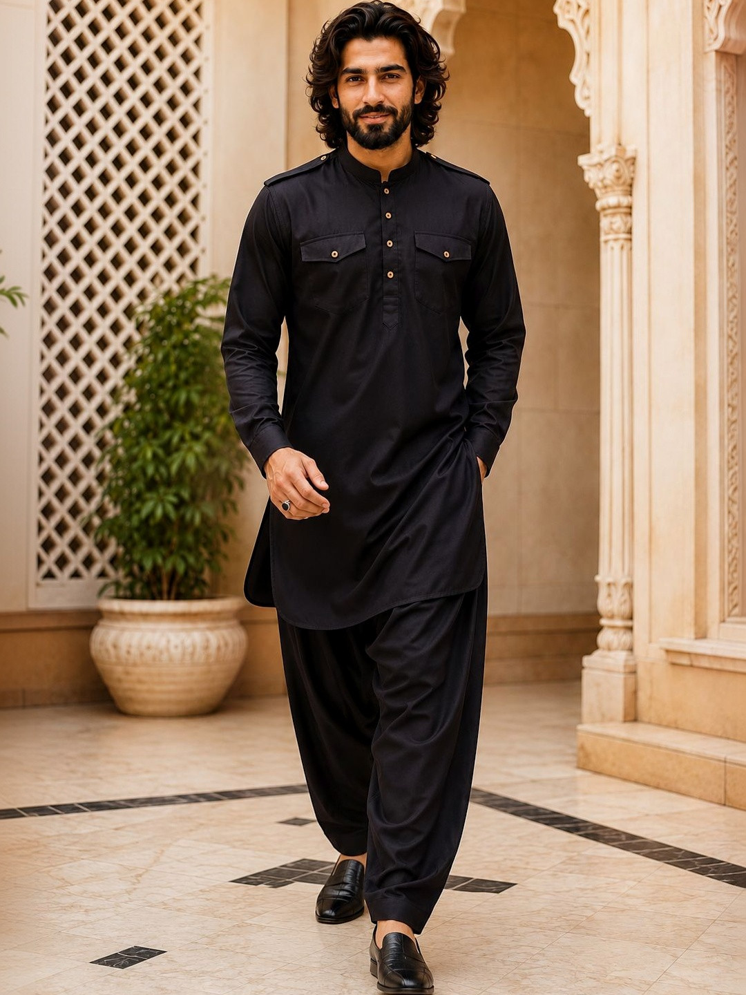 House of Pataudi Mandarin Collar Pathani Kurta & Trousers