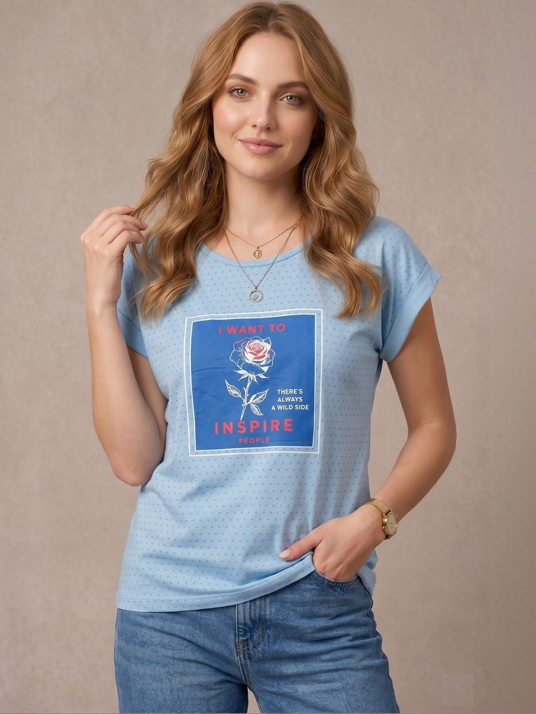Wineberry Women Typography Printed Roll-Up Sleeves T-shirt