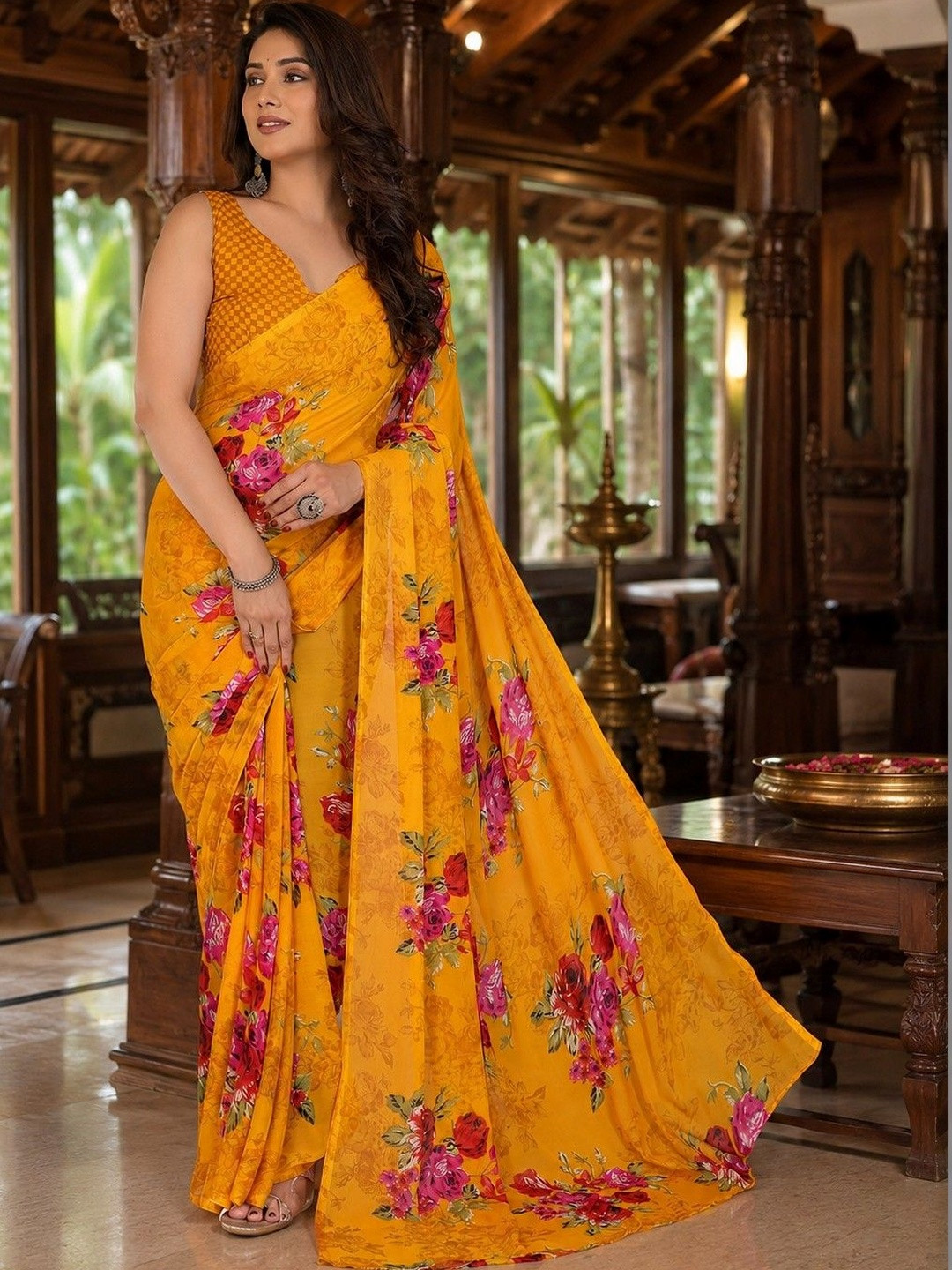 JANOI Floral Poly Georgette Saree