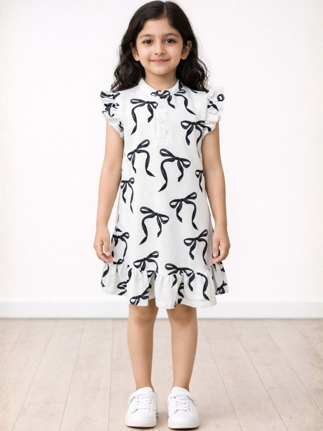 Anthrilo Girls Off White Bow Print Mandarin Collar Sleeveless A-Line Cotton Summer Dress