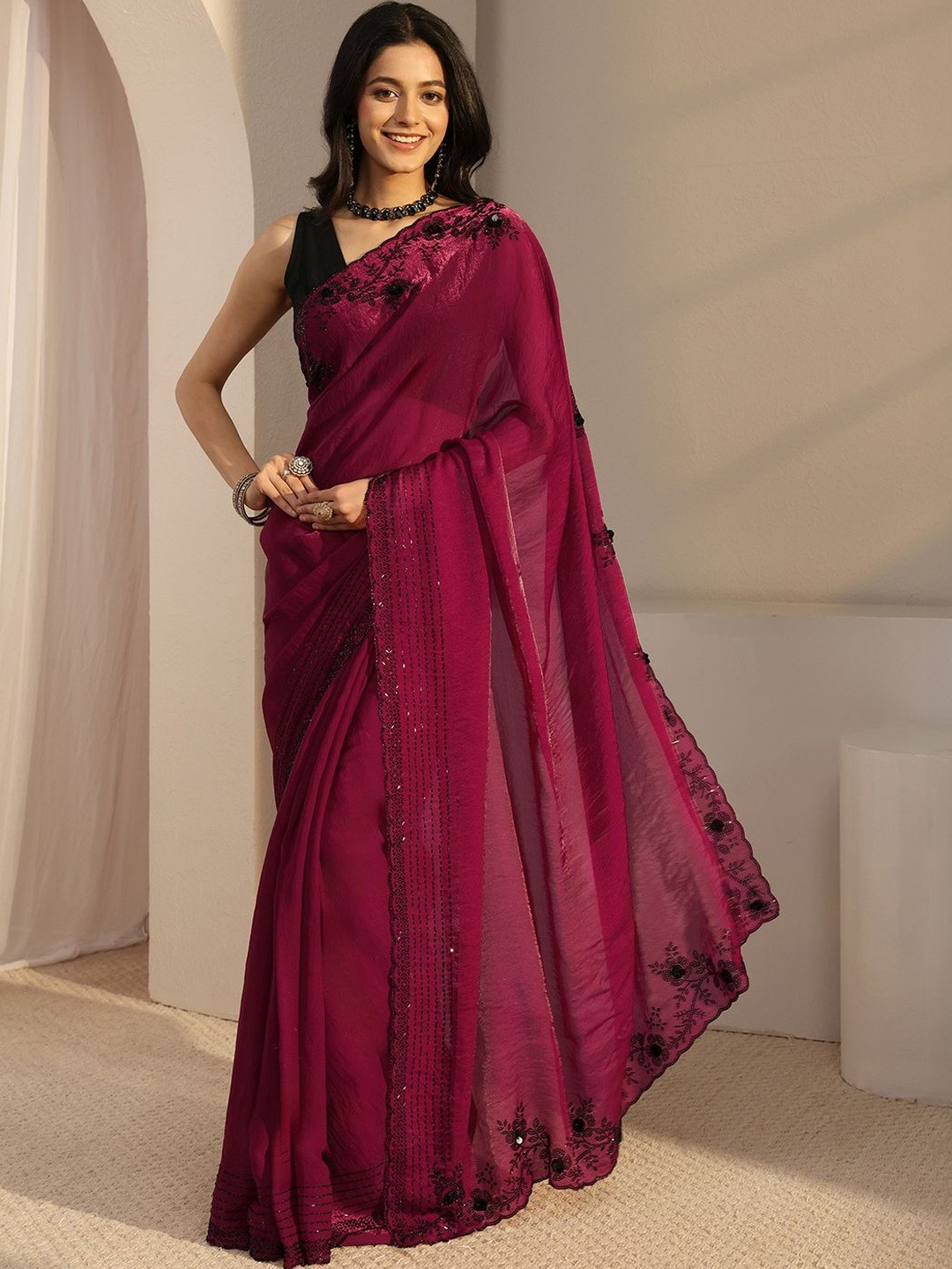 Libas Pink Embellished Tissue Saree with Unstiched Blouse Piece