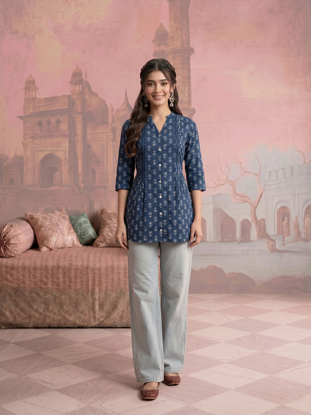 NAVYAAZRI Floral Print Cotton Shirt Style Top