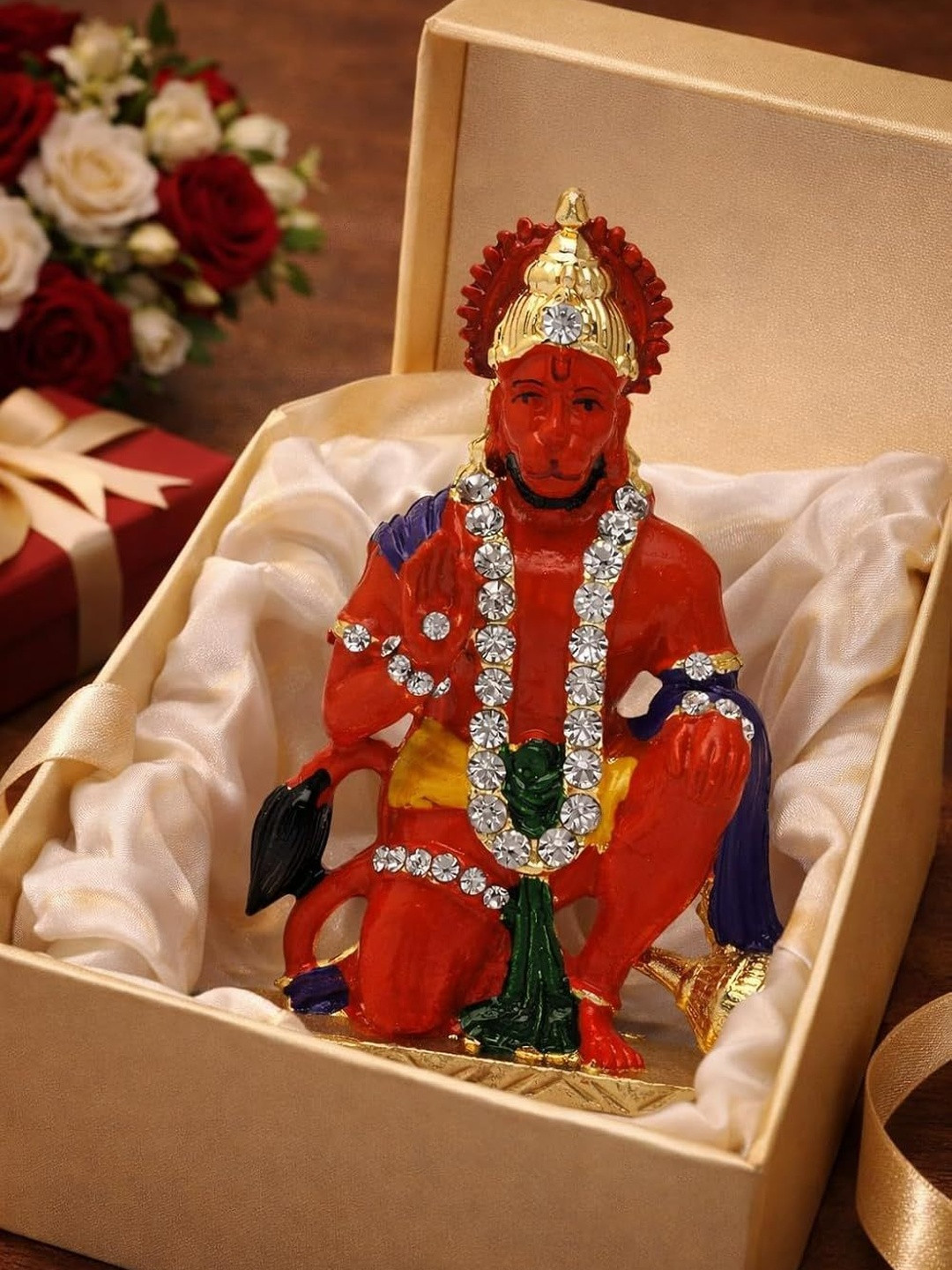 Kulin Metal Orange & Gold-Plated Handcrafted Lord Hanuman Idol with Stone Embellishments