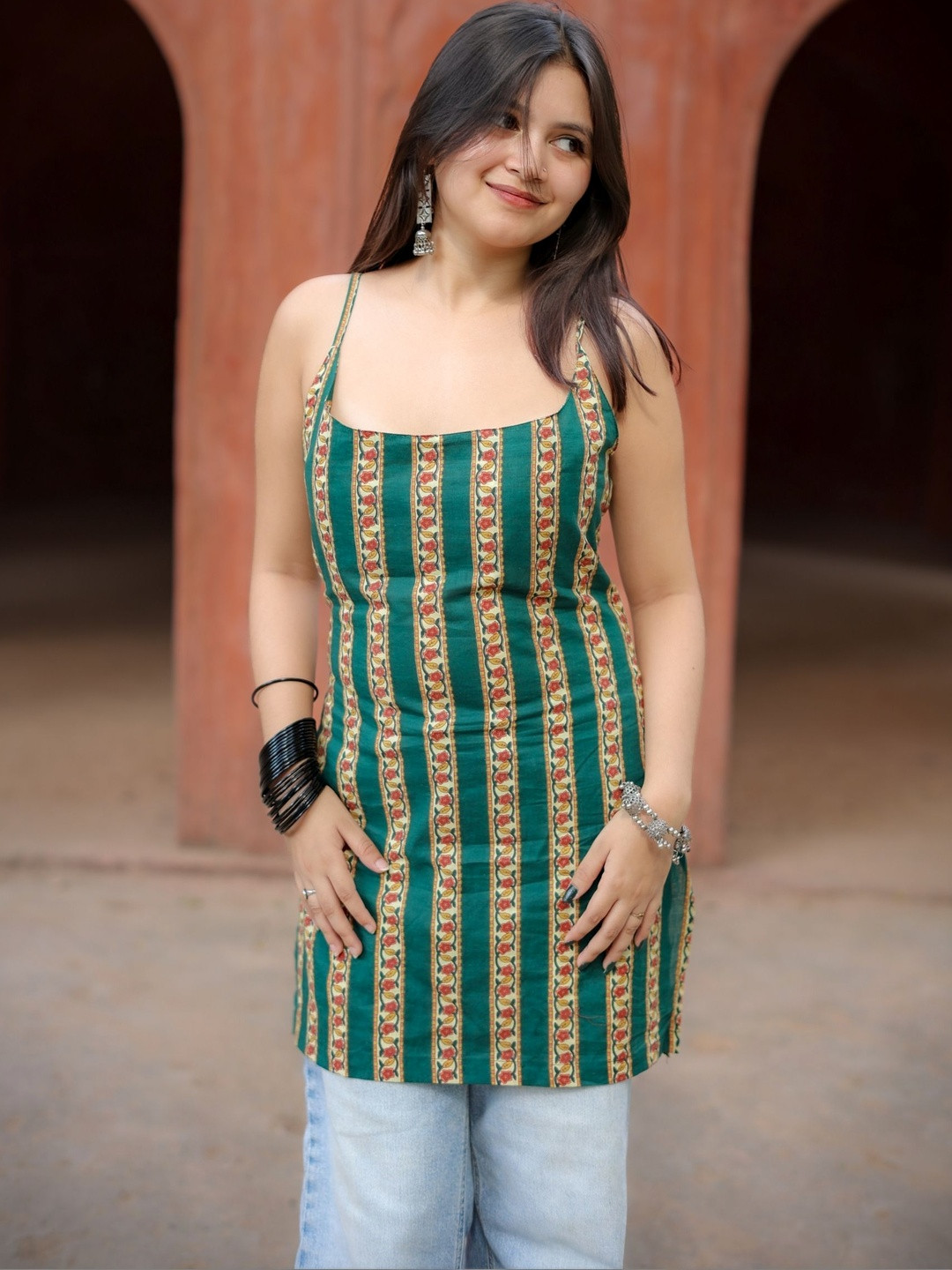 Krutico Ethnic Motifs Printed Halter Neck Pure Cotton Blend Kurti
