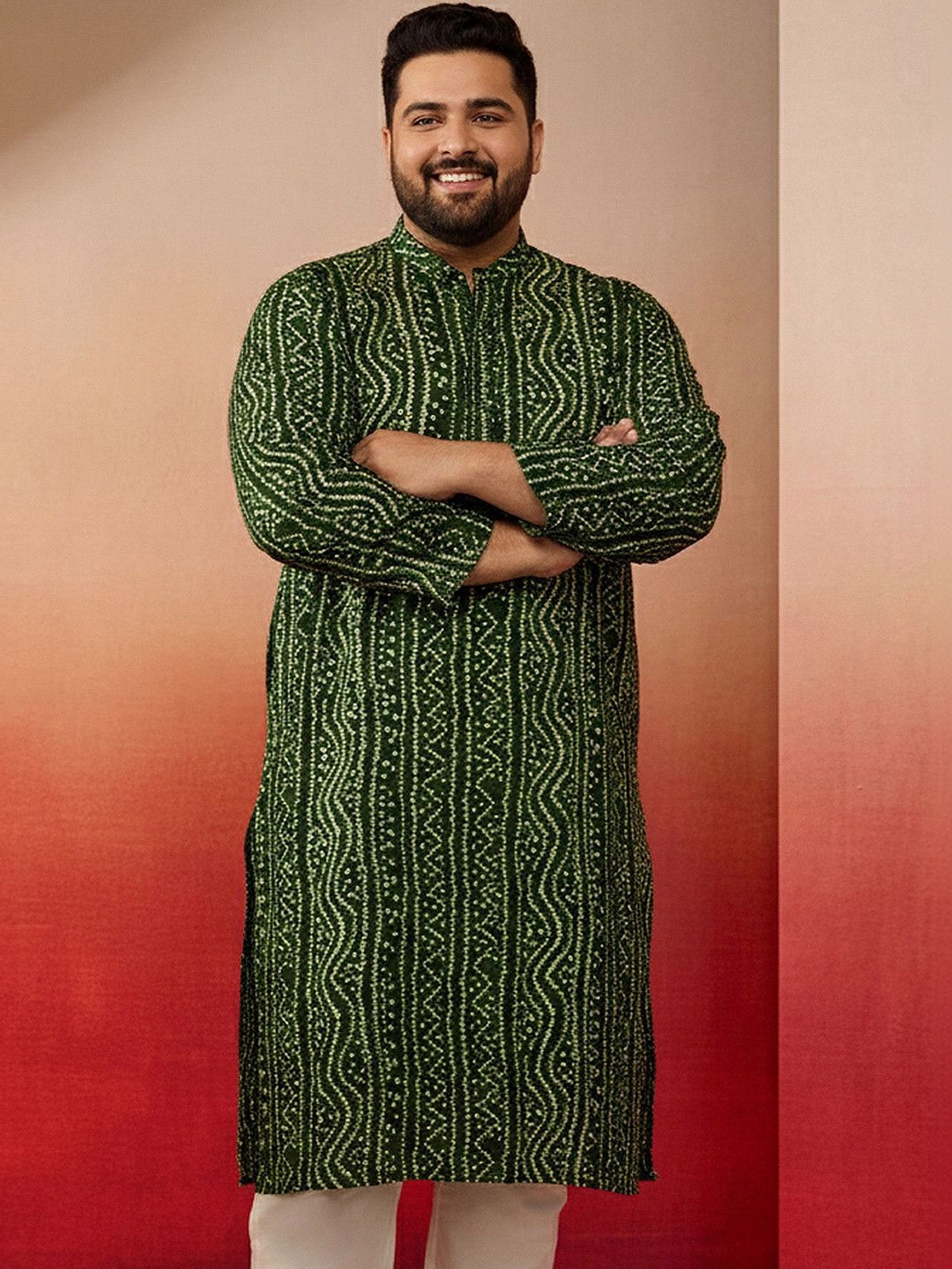 VASTRAMAY Men Bandhani Printed Mandarin Collar Straight Kurta