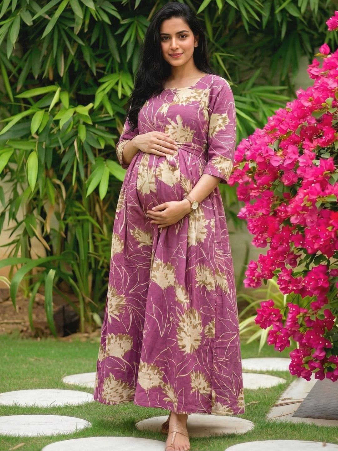 Asenne Floral Printed Cotton Maternity Maxi Dress with Both Side Feeding Zip