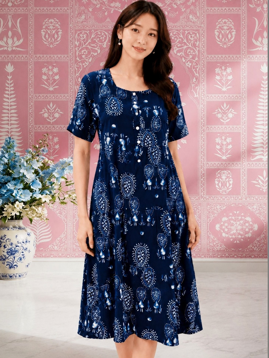NAVYAAZRI Ethnic Motifs Print A-Line Midi Dress