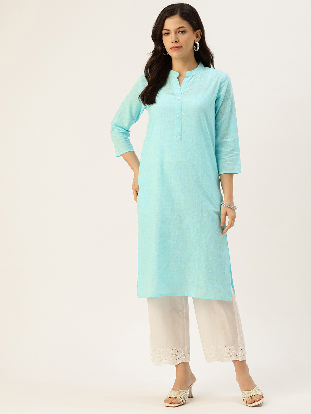 FERANOID Mandarin Collar Pure Cotton Straight Kurta
