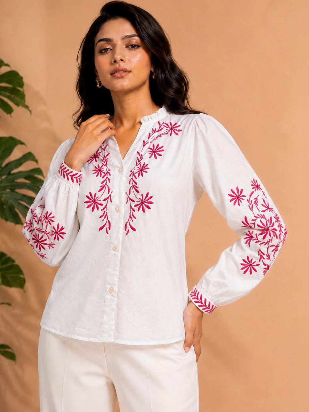 BEVOLKEN White Cotton Floral Embroidered Full Sleeve Casual Top