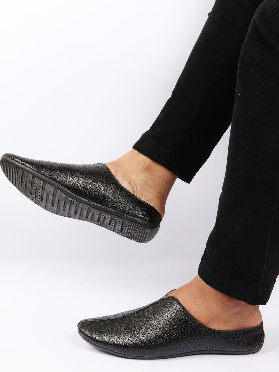 FAUSTO Men Black Back Open Perforated Design Ethnic Party Wedding Mules Slip On Shoes