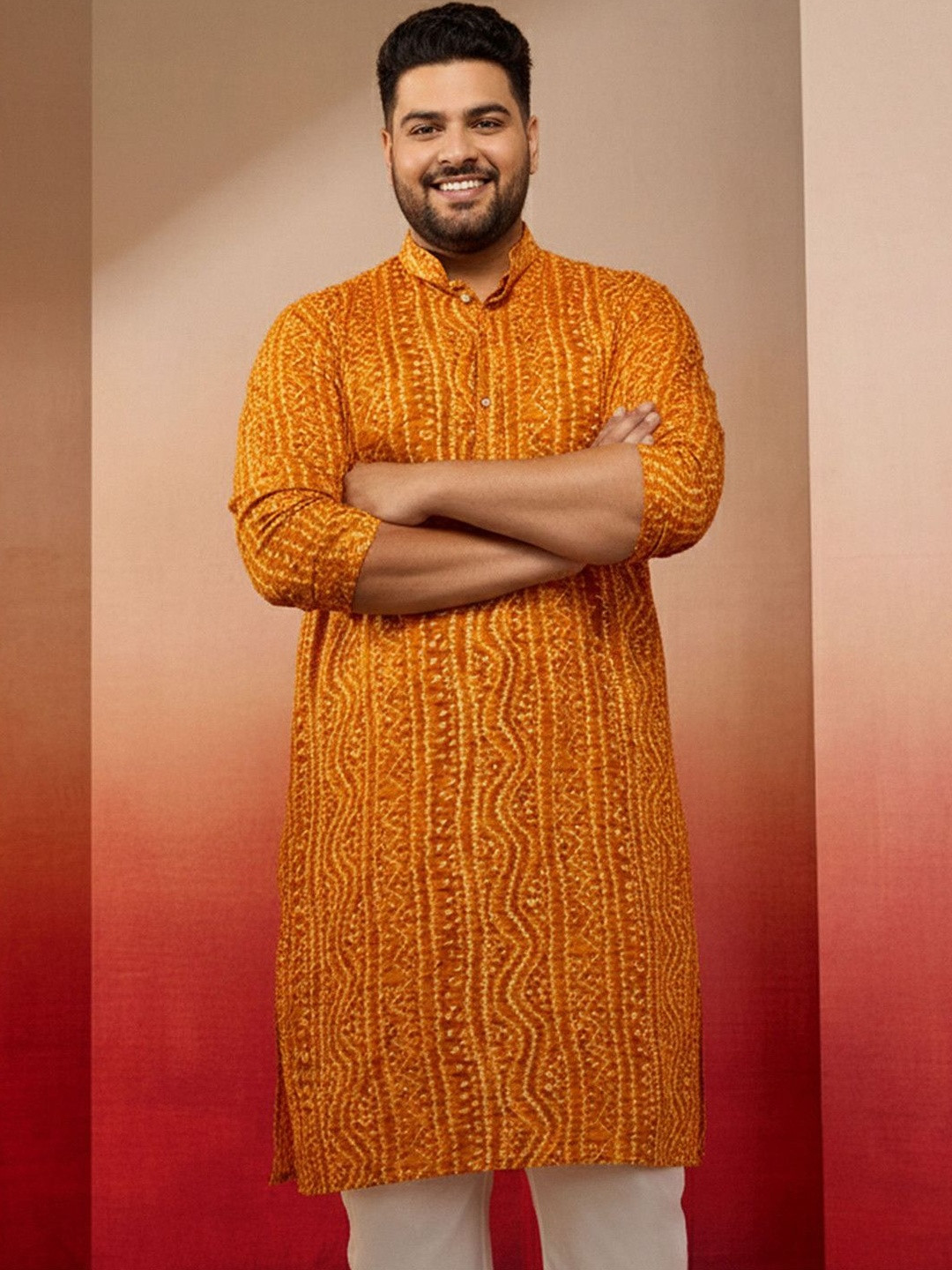 VASTRAMAY Men Bandhani Printed Mandarin Collar Straight Kurta