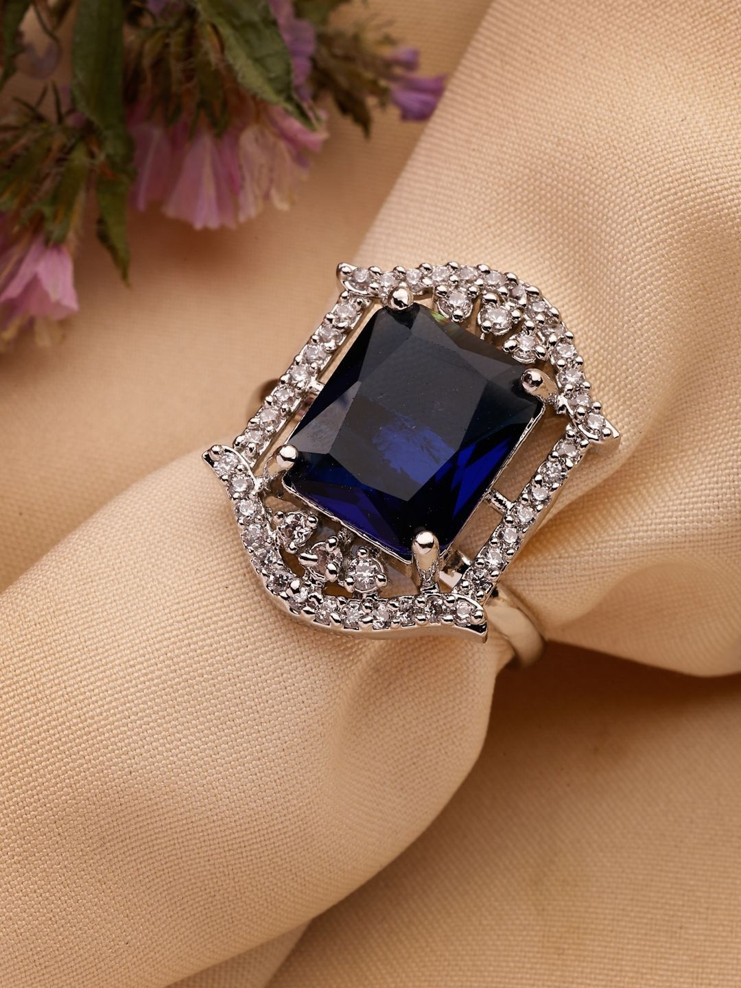 ZENEME Rhodium-Plated Crystals Studded Rectangle Finger Ring
