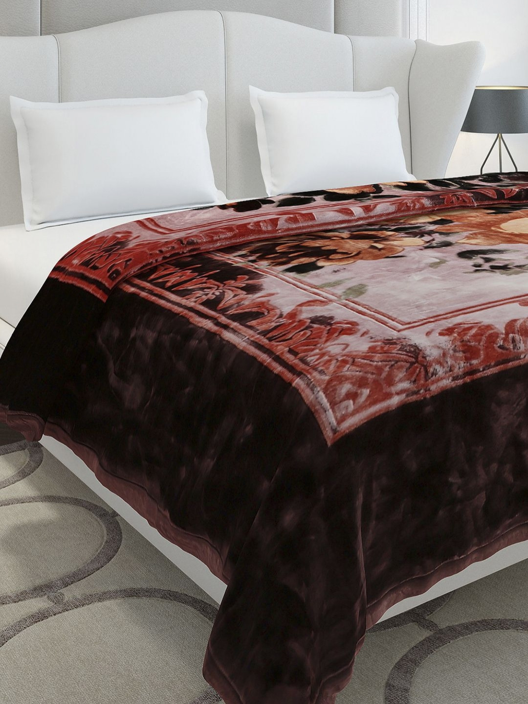 Monte Carlo Brown & Maroon Floral Printed Heavy Winter Double Bed Blanket 947 GSM