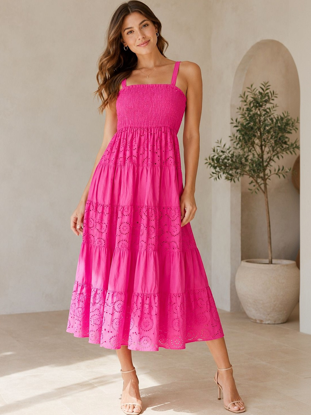 SNJI Embroidered A-Line Midi Dress