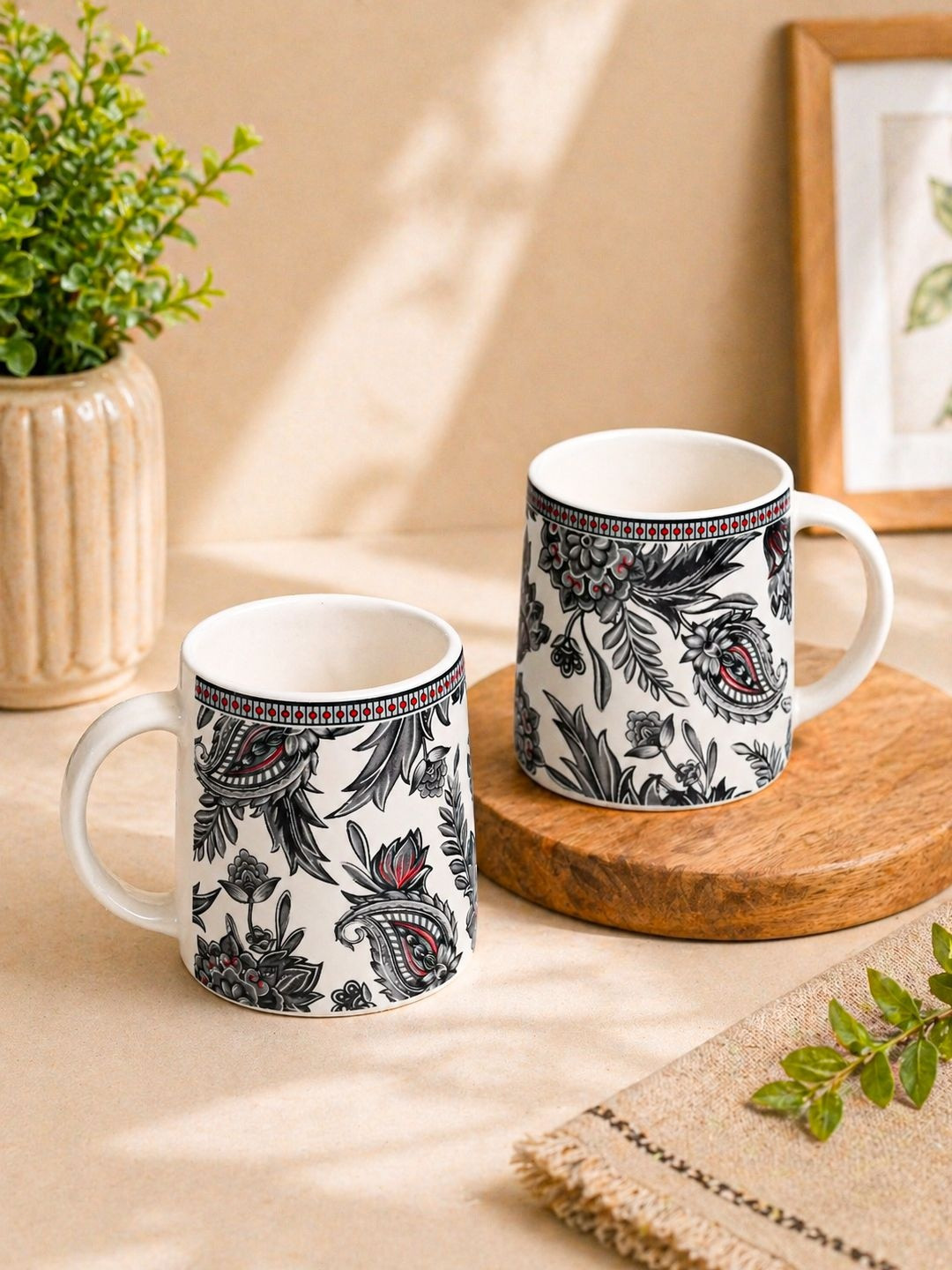 MARKET99 Set of 2 AC Paisley Black Floral Printed White Ceramic Glossy Mugs-330 ml Each