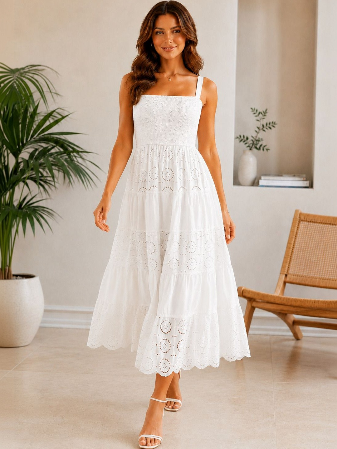 SNJI Embroidered A-Line Midi Dress