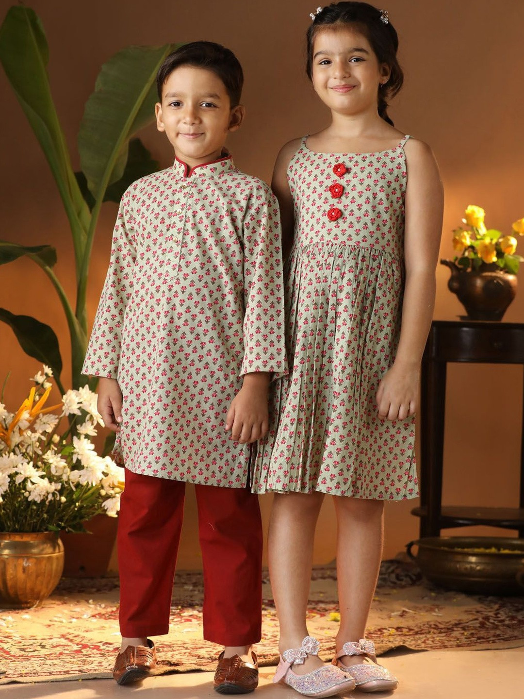 VASTRAMAY Girls Mint Green Block Print Dress