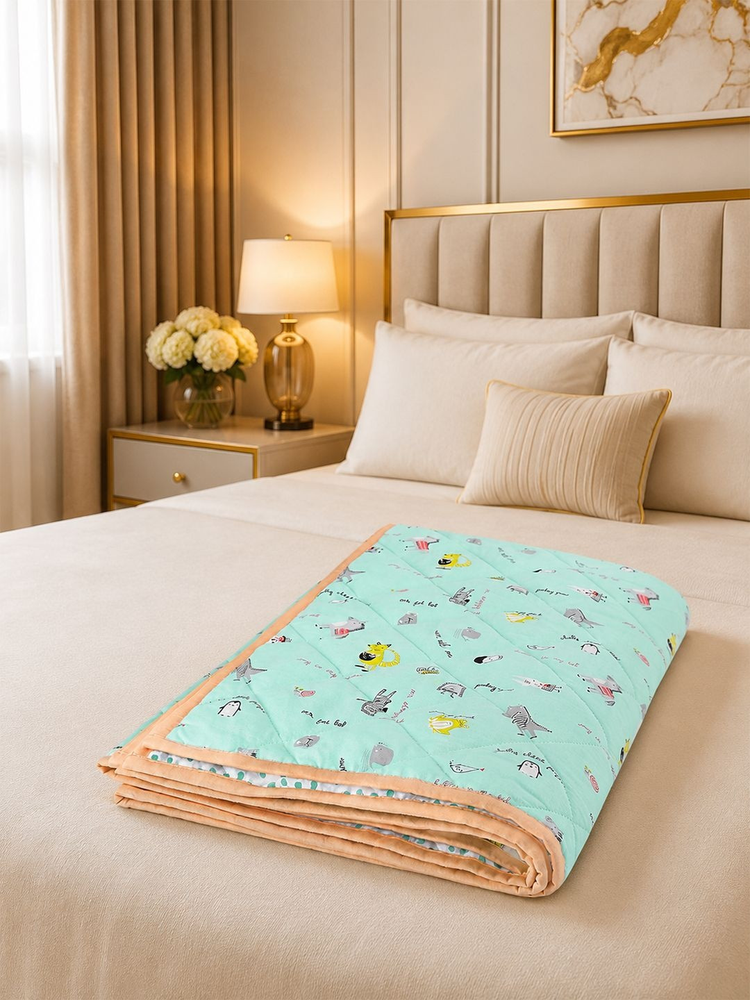 Portico Blue & White Cartoon Characters AC Room 150 GSM Cotton Single Bed Quilt