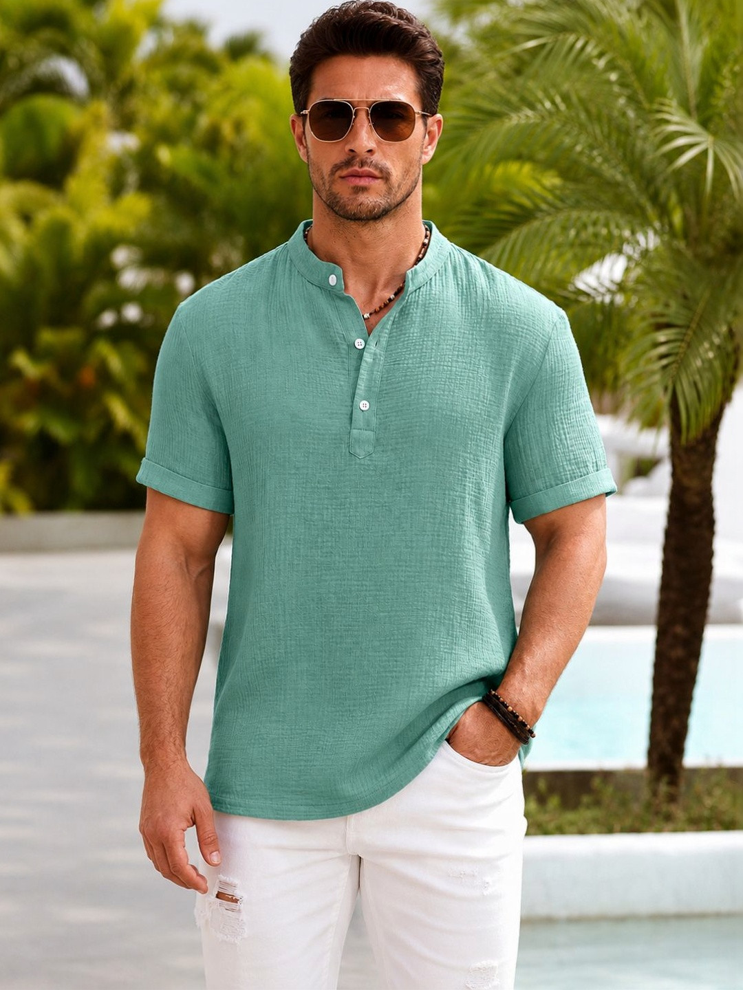 Zombom Men Mandarin Collar Tshirts