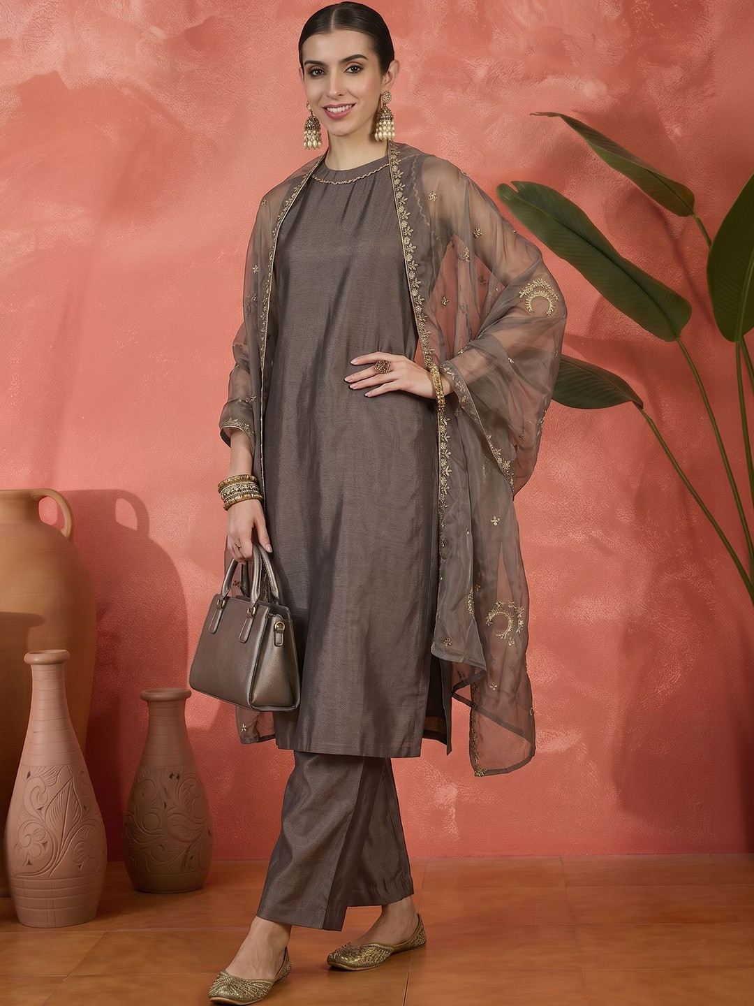 Sangria Embroidered Round Neck Kurta Sets