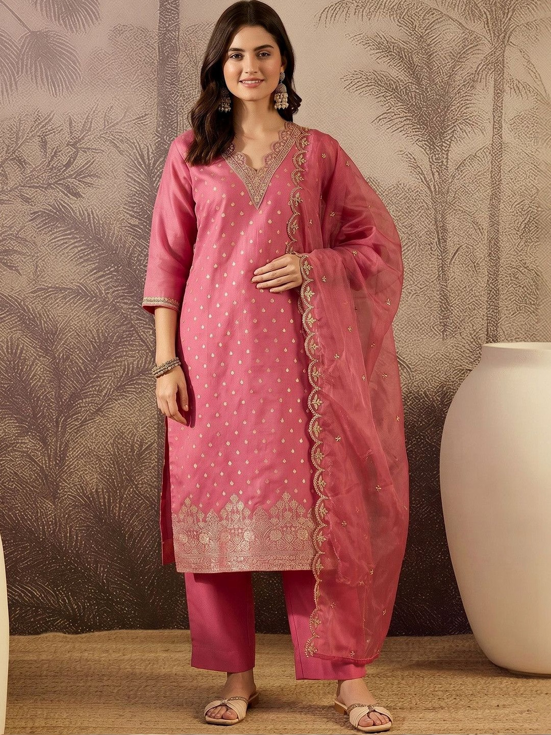 Sangria Printed V-Neck Kurta & Trousers With Dupatta