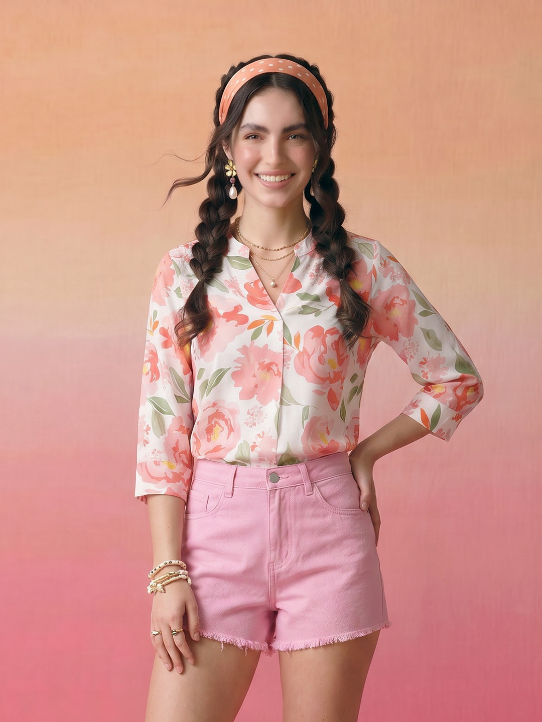 ZACCAI Floral V-Neck Three-Quarter Sleeve Top