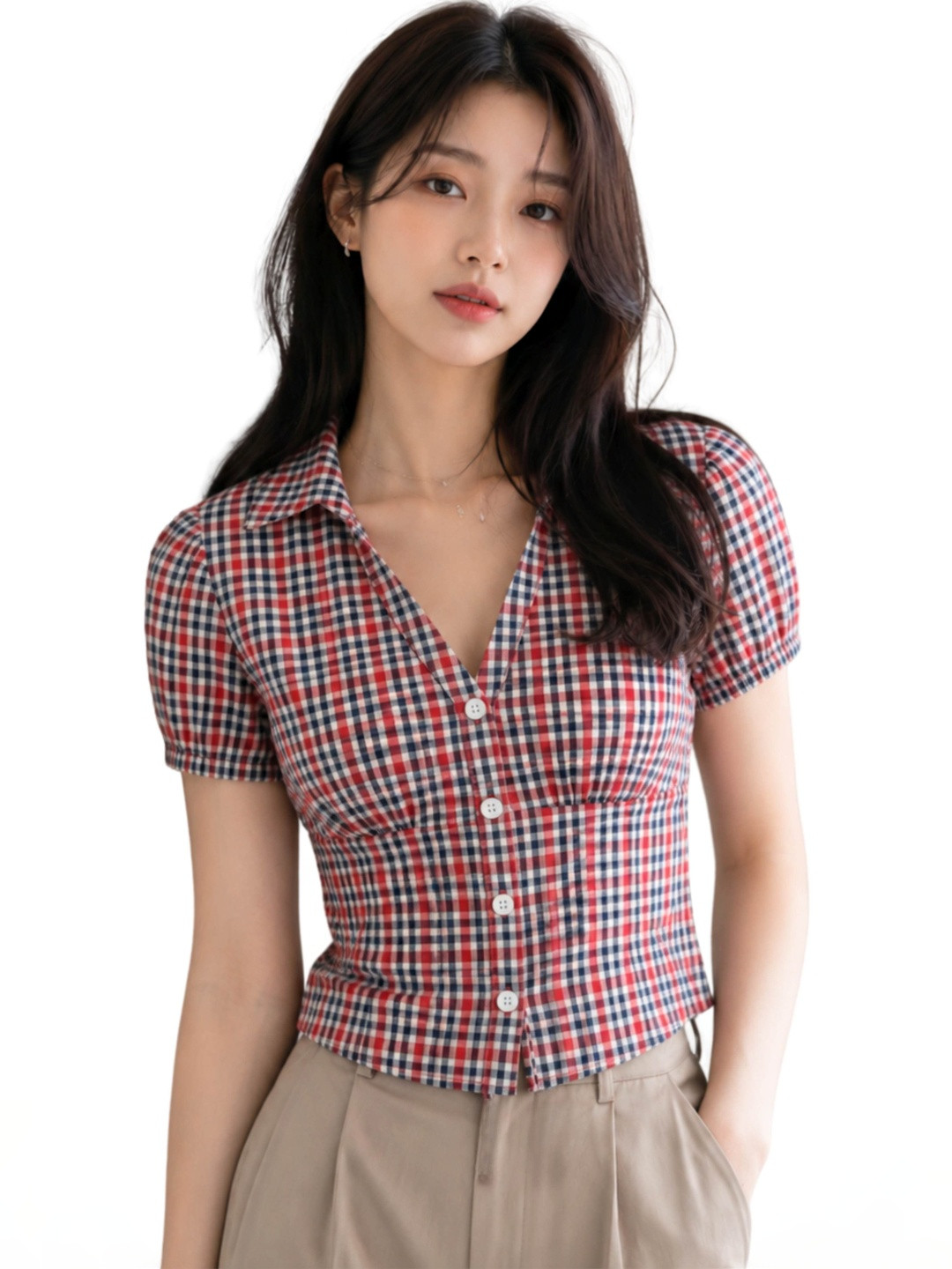 EZLIA Checked Puff Sleeve Top