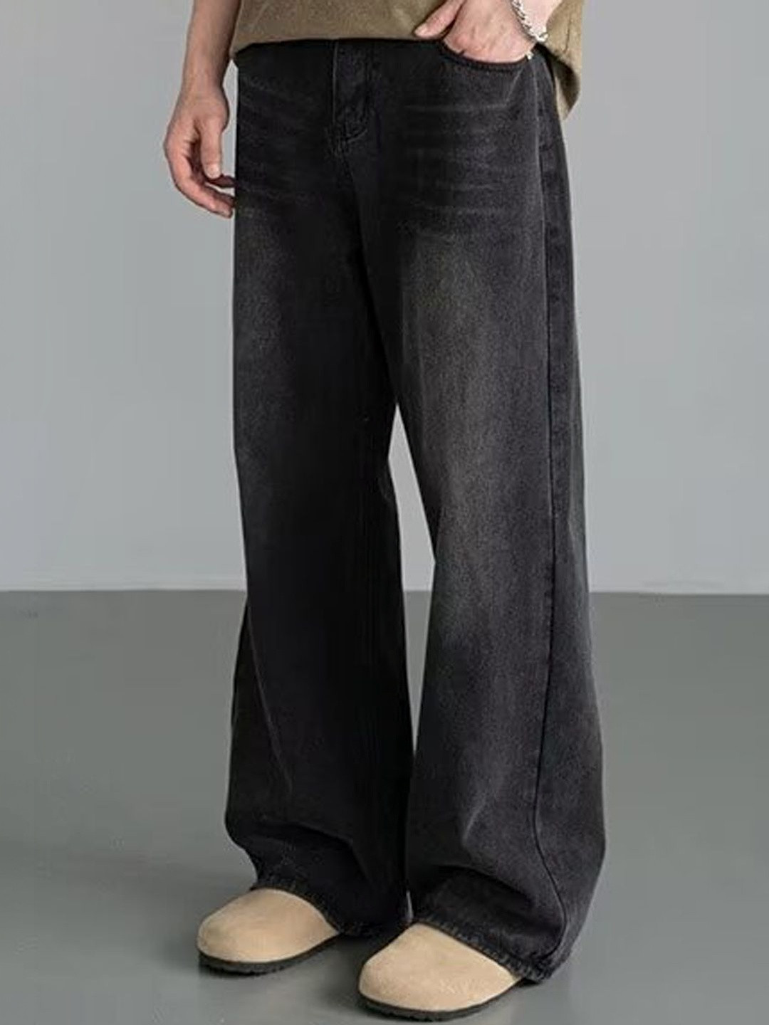 StyleCast Men Wide Leg Mid-Rise Low Distress Light Fade Jeans