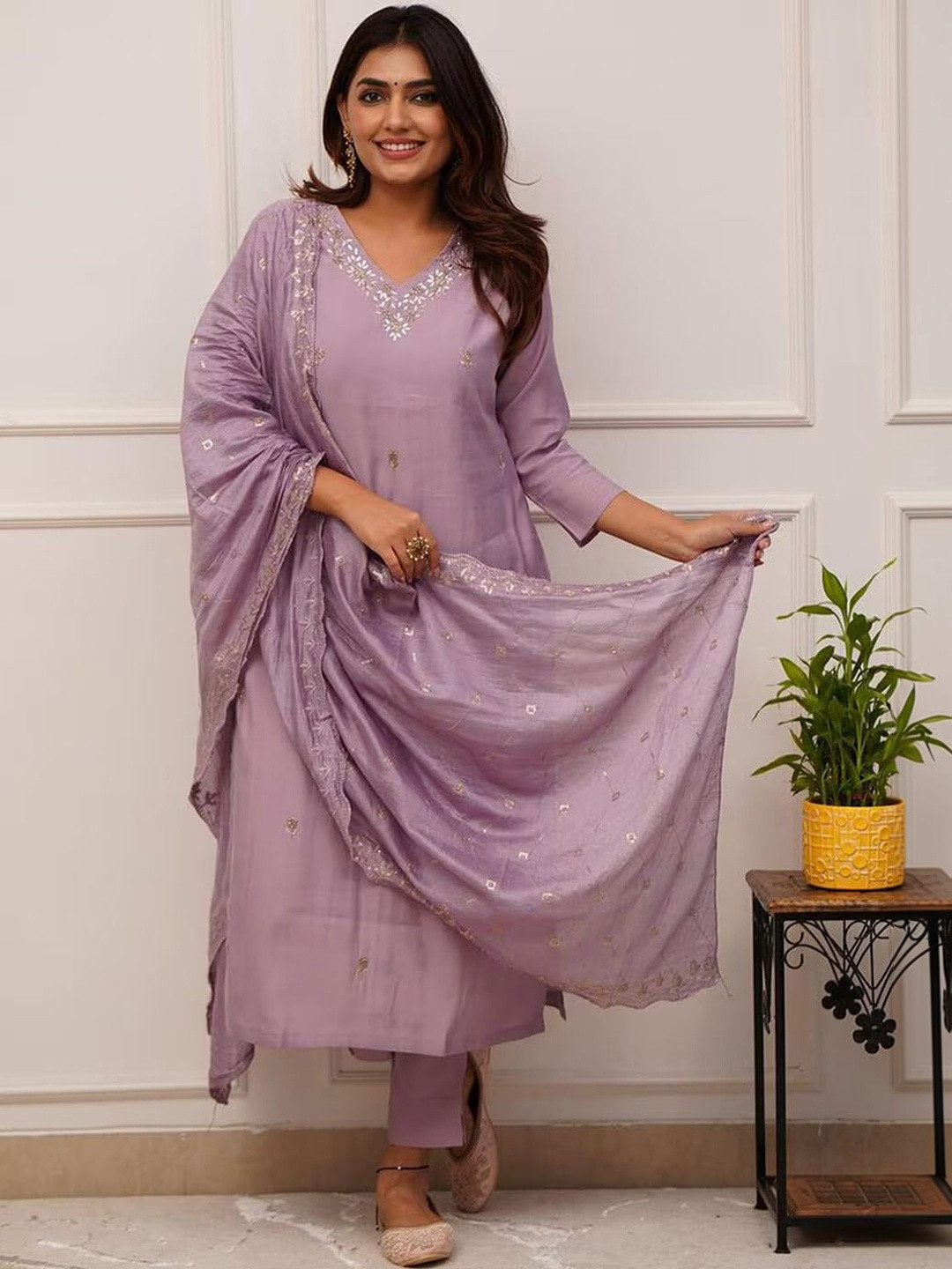 Sangria Ethnic Motifs Embroidered V-Neck Kurta With Trousers & Dupatta