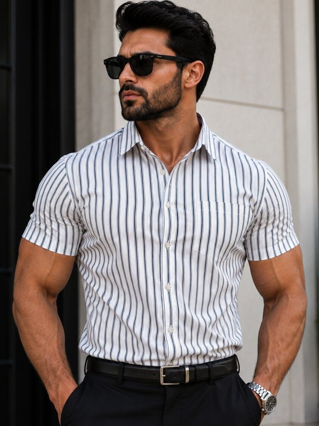 Foomer Men Vertical Striped Spread Collar Cotton Casual Shirt