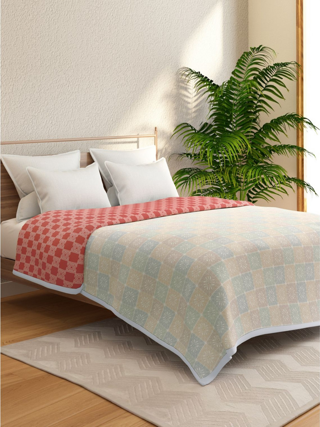 Portico Spice Gold Beige & Red Floral AC Room 233 GSM Cotton Double Bed Dohar