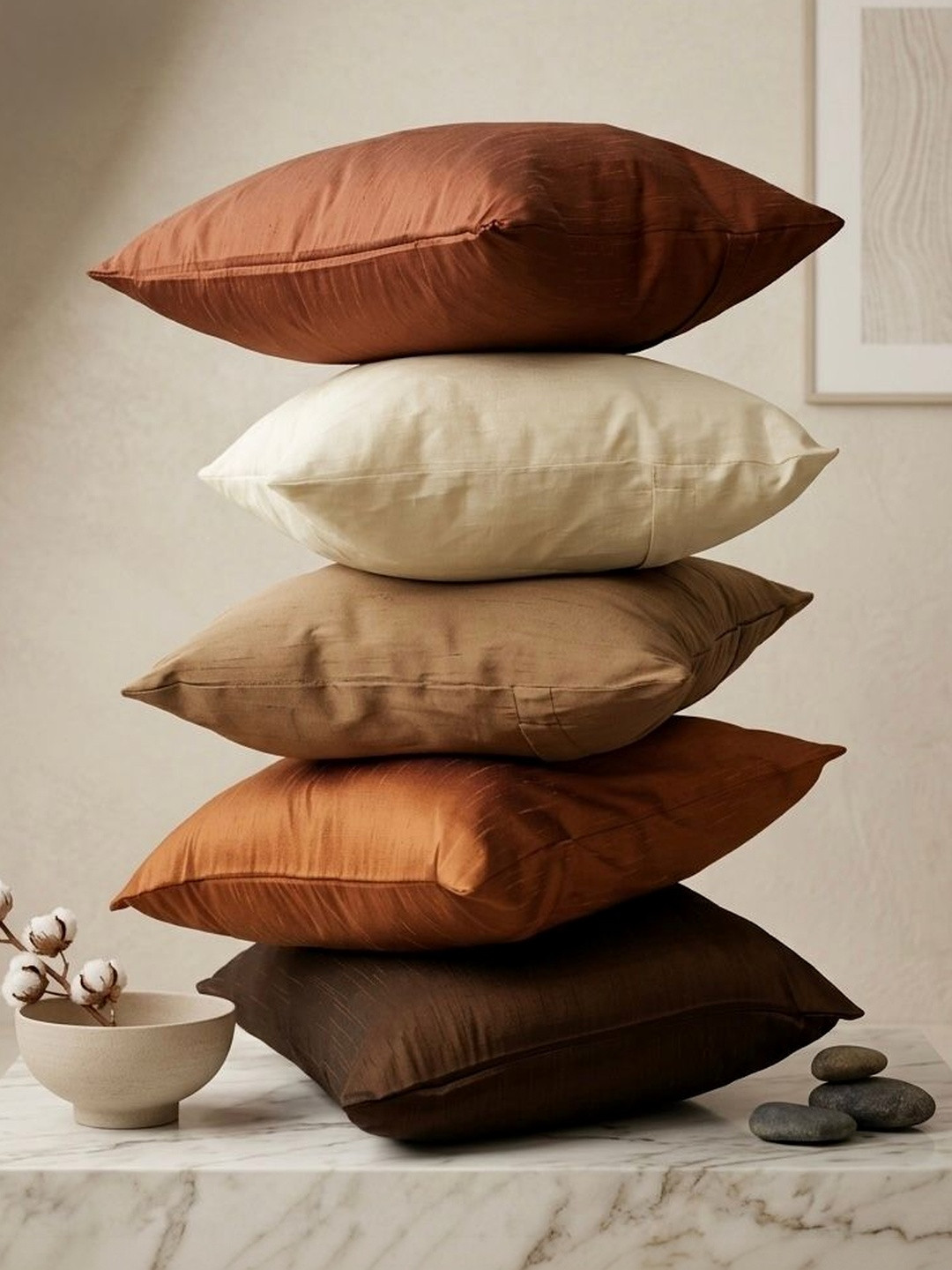 RoyalDeco Brown And Cream 5 Pieces Silk Square Cushion Covers