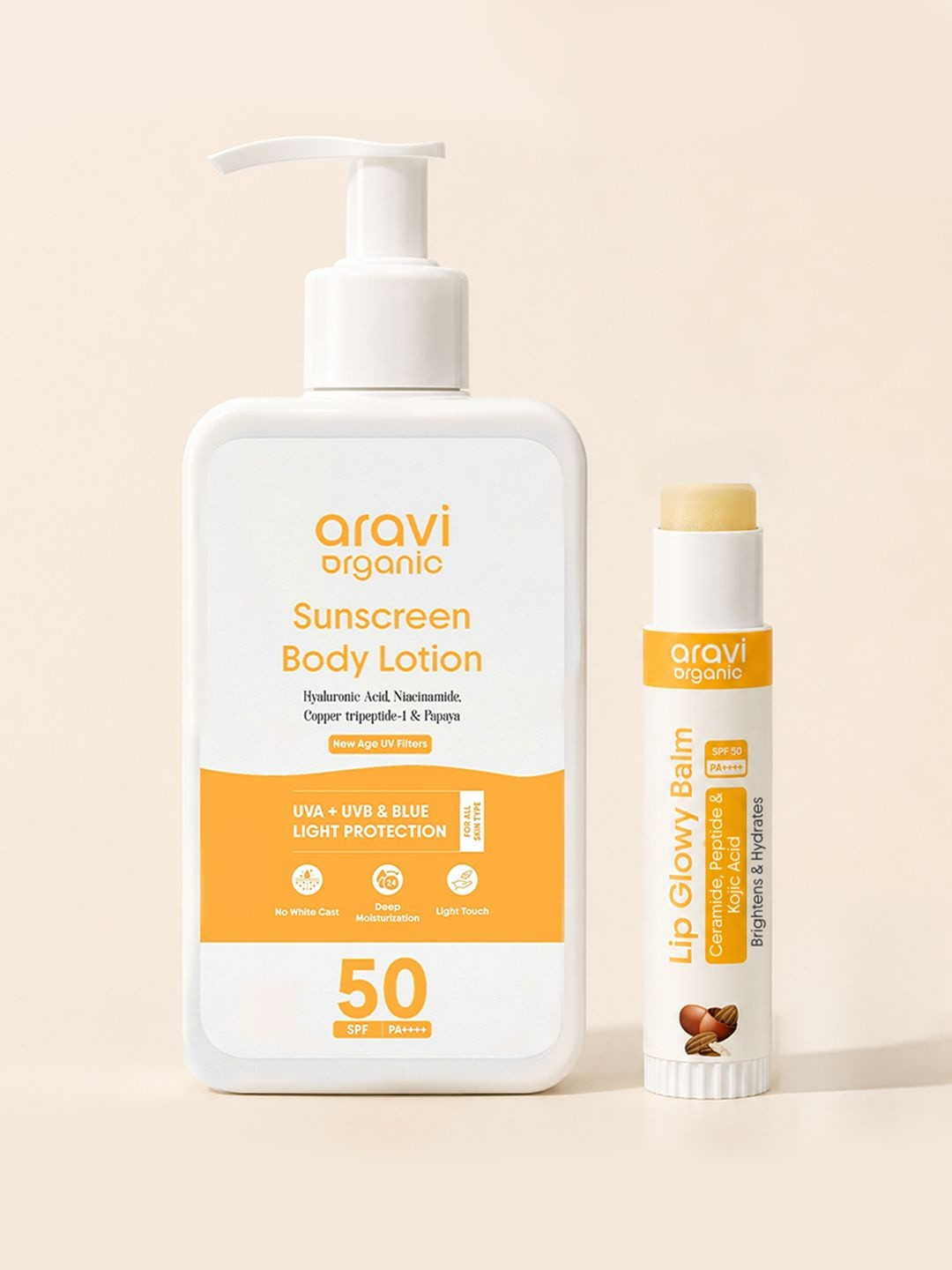 Aravi Organic Set Of Sunscreen SPF 50 Body Lotion - 200ml & Lip Glowy Balm - 5g