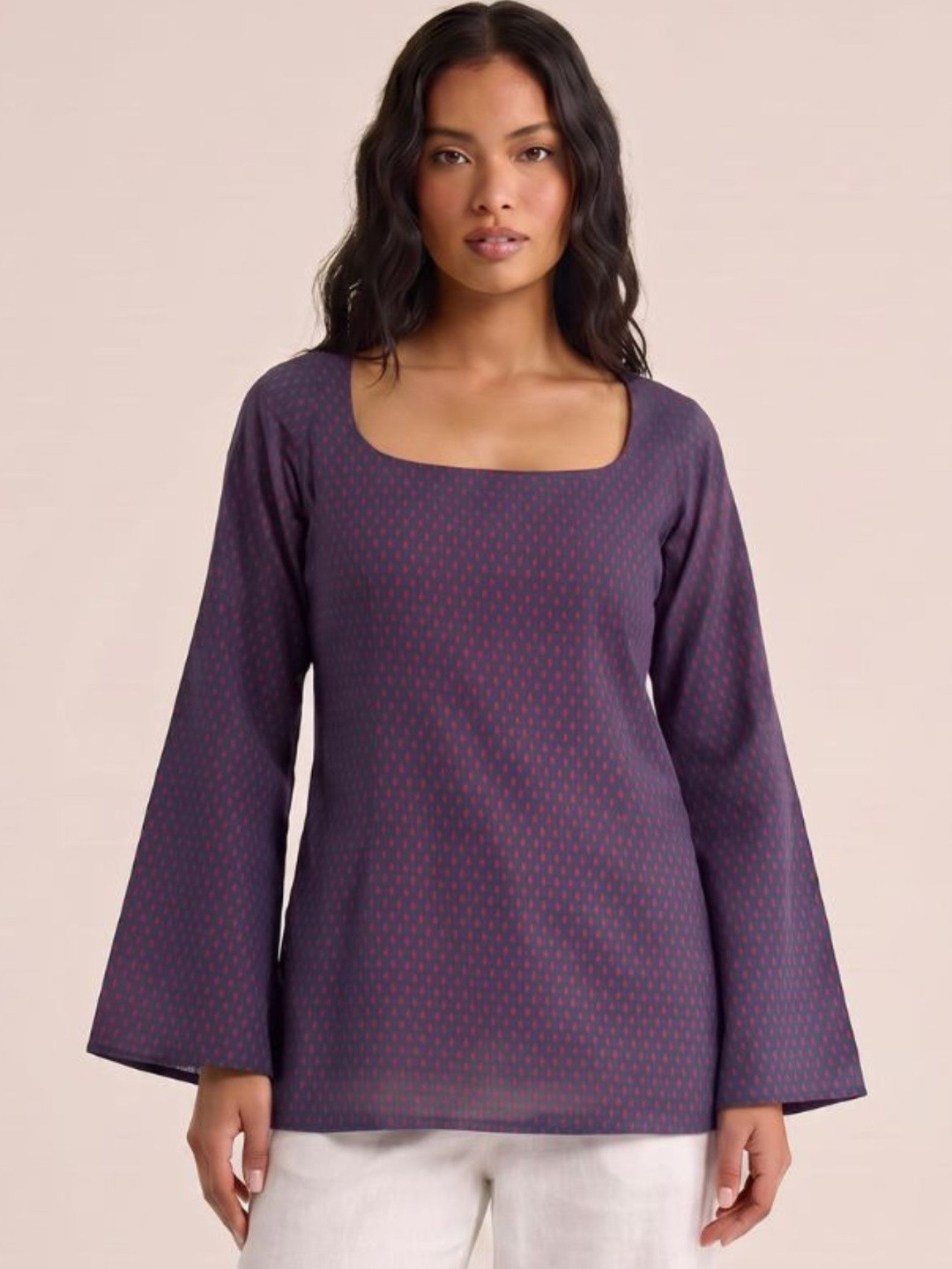 NISHORAMA Printed Square Neck Flared Sleeves Pure Cotton Blend Kurti