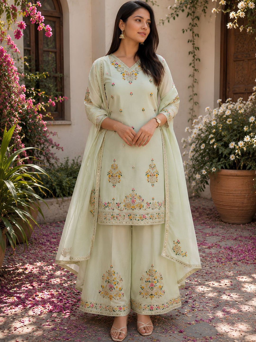 SHISHKALA Women Floral Embroidered Regular Sequinned Pure Silk Kurta with Palazzos & With Dupatta