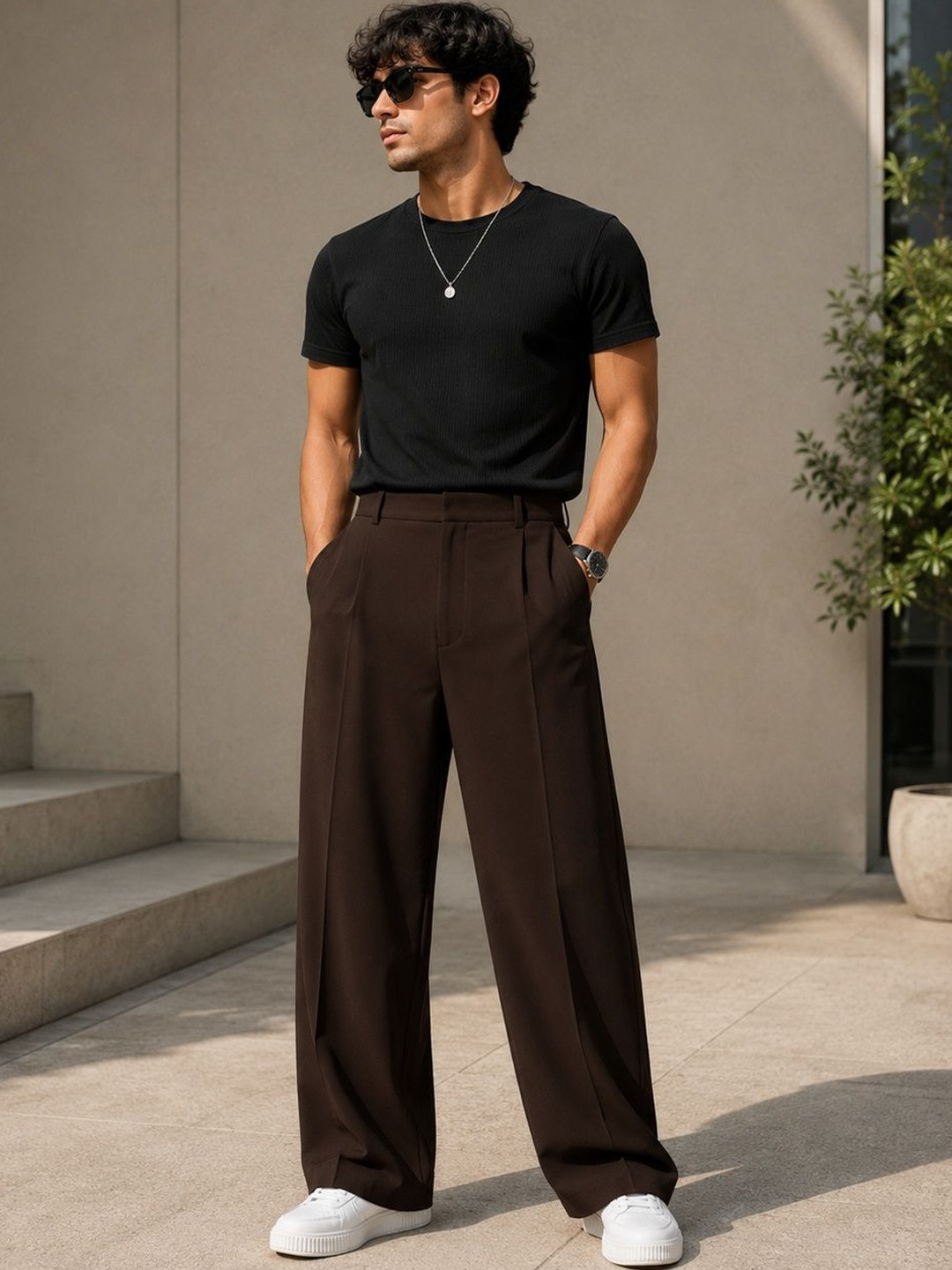 SENDIPO Men Smart Loose Fit High-Rise Easy Wash Pleated Trousers