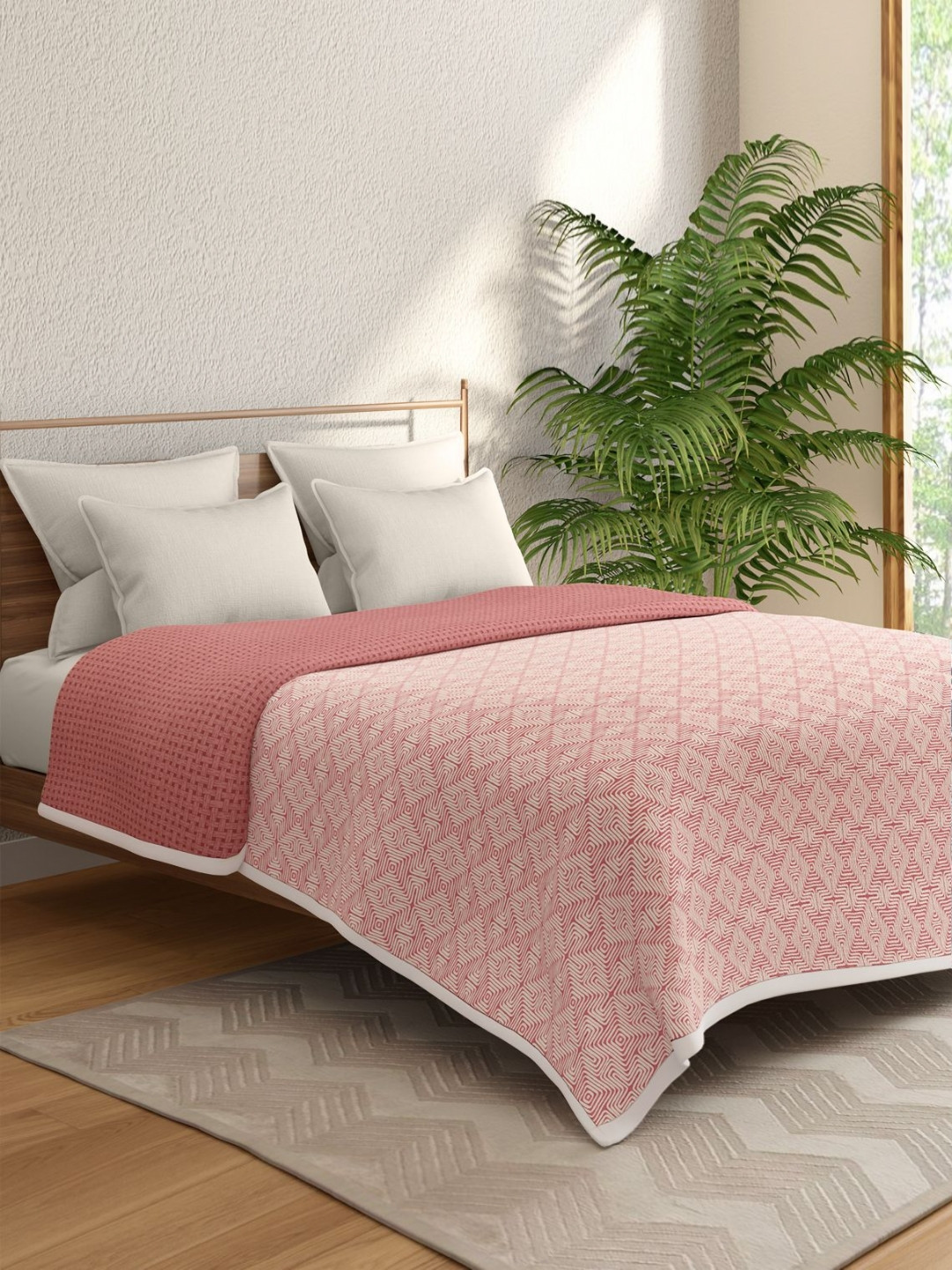 Portico Red & White Geometric Printed AC Room 300 GSM Cotton Double Bed Dohar