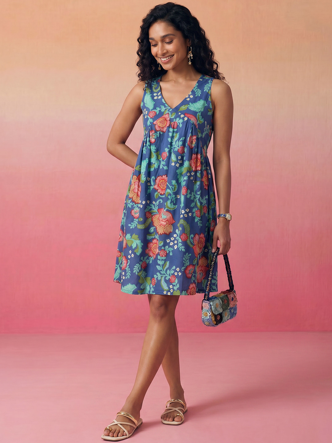 ZACCAI Floral Printed Pure Cotton Empire Dress