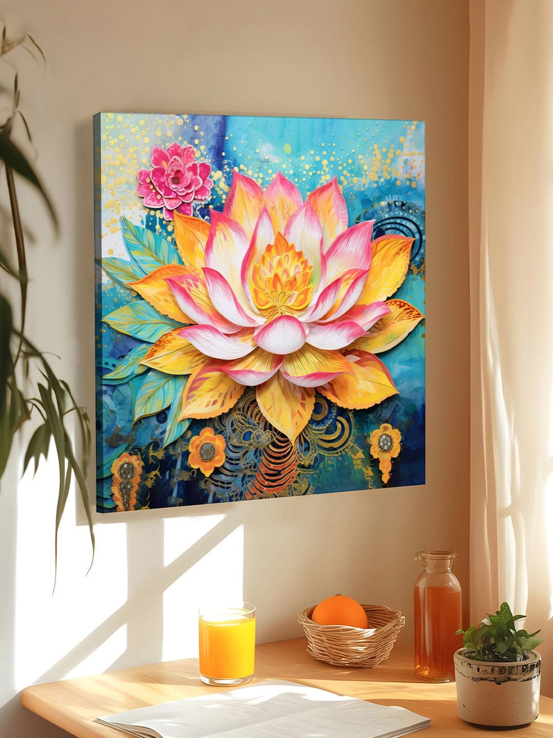 Art Street Blue Yelow Lotus Floral Vastu Stretched Canvas Wall Art Painting 22x22 In