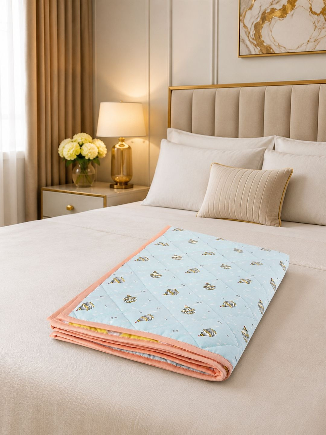 Portico White & Yellow Cartoon Characters AC Room 150 GSM Cotton Single Bed Quilt