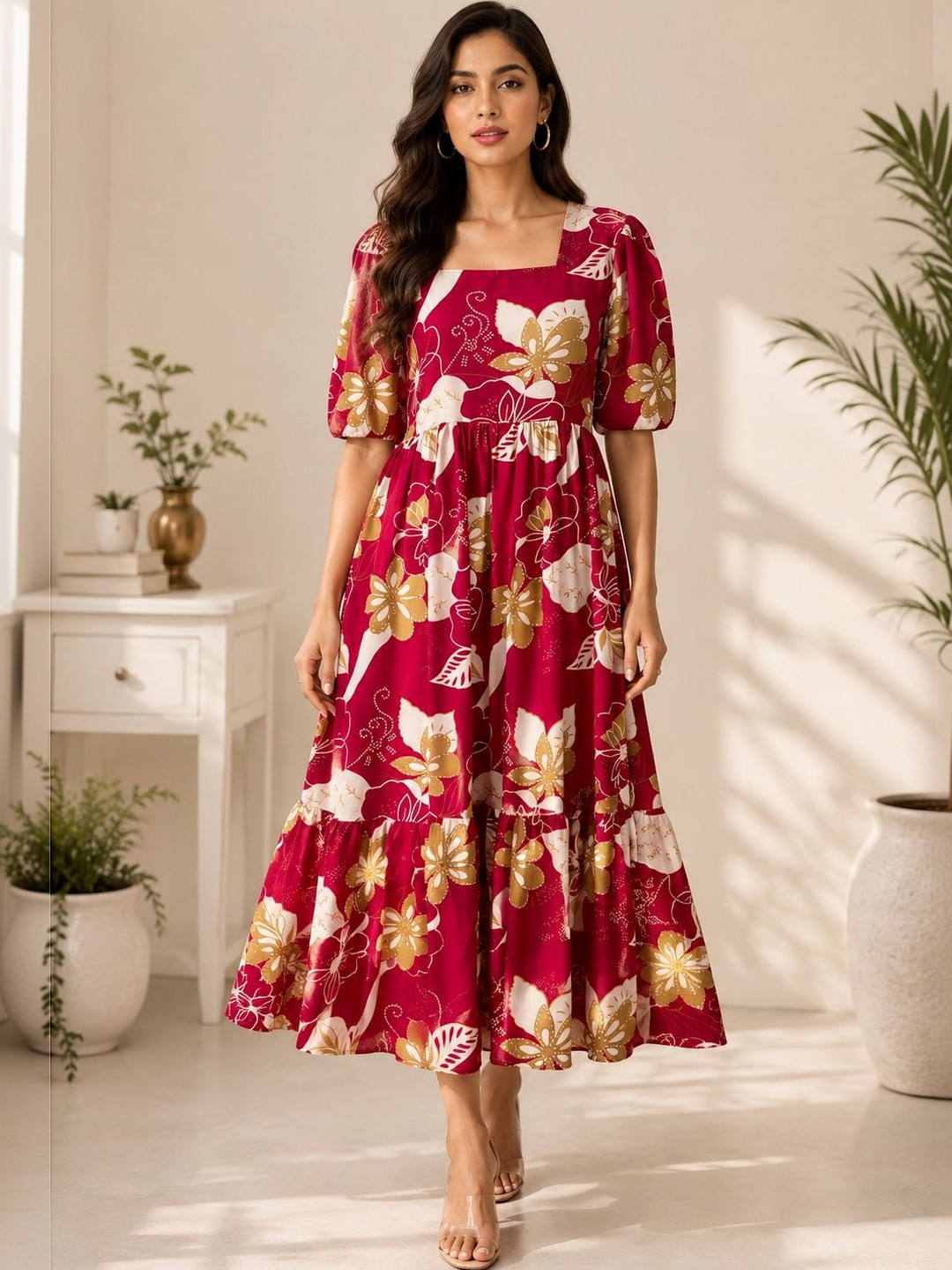 HARIKS Floral Print Puff Sleeve A-Line Midi Dress