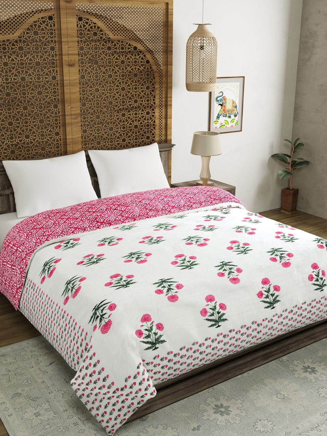 BLOCKS OF INDIA Pink & White Ethnic Motifs Mild Winter Pure Cotton 350 GSM Quilt