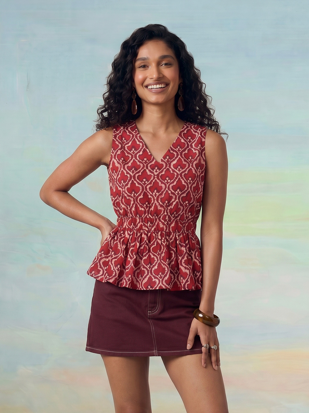 ZACCAI Rust and Maroon Ethnic Peplum Top