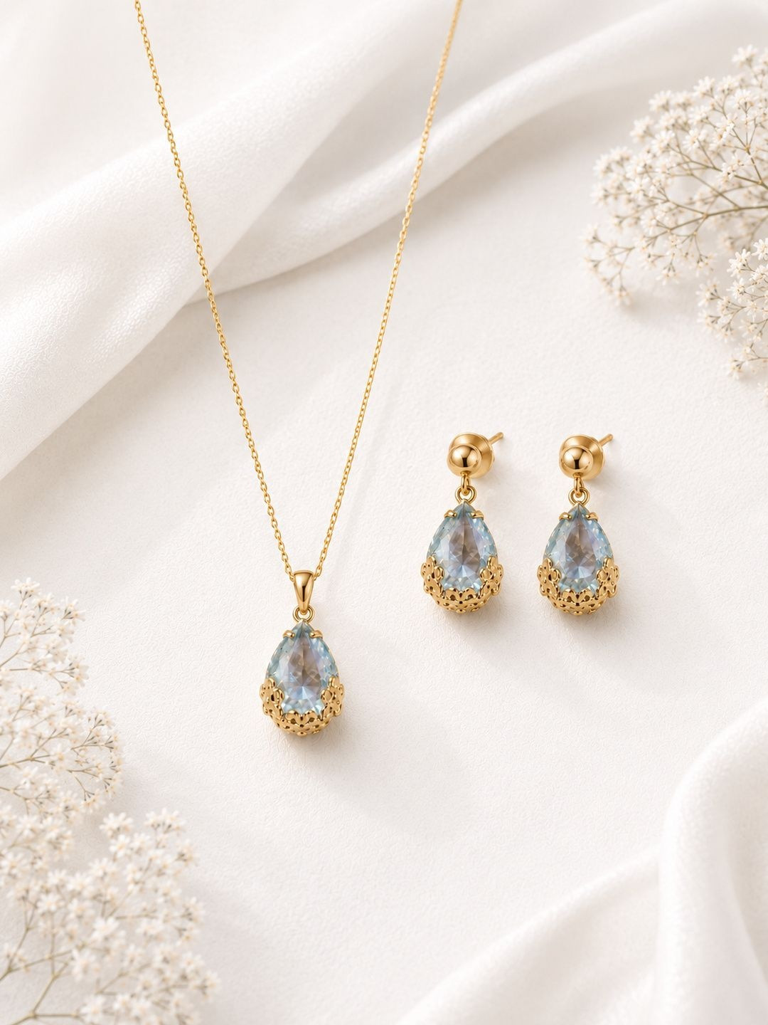 SZN Brass Gold-Plated Cubic Zirconia Studded Pendant With Earrings