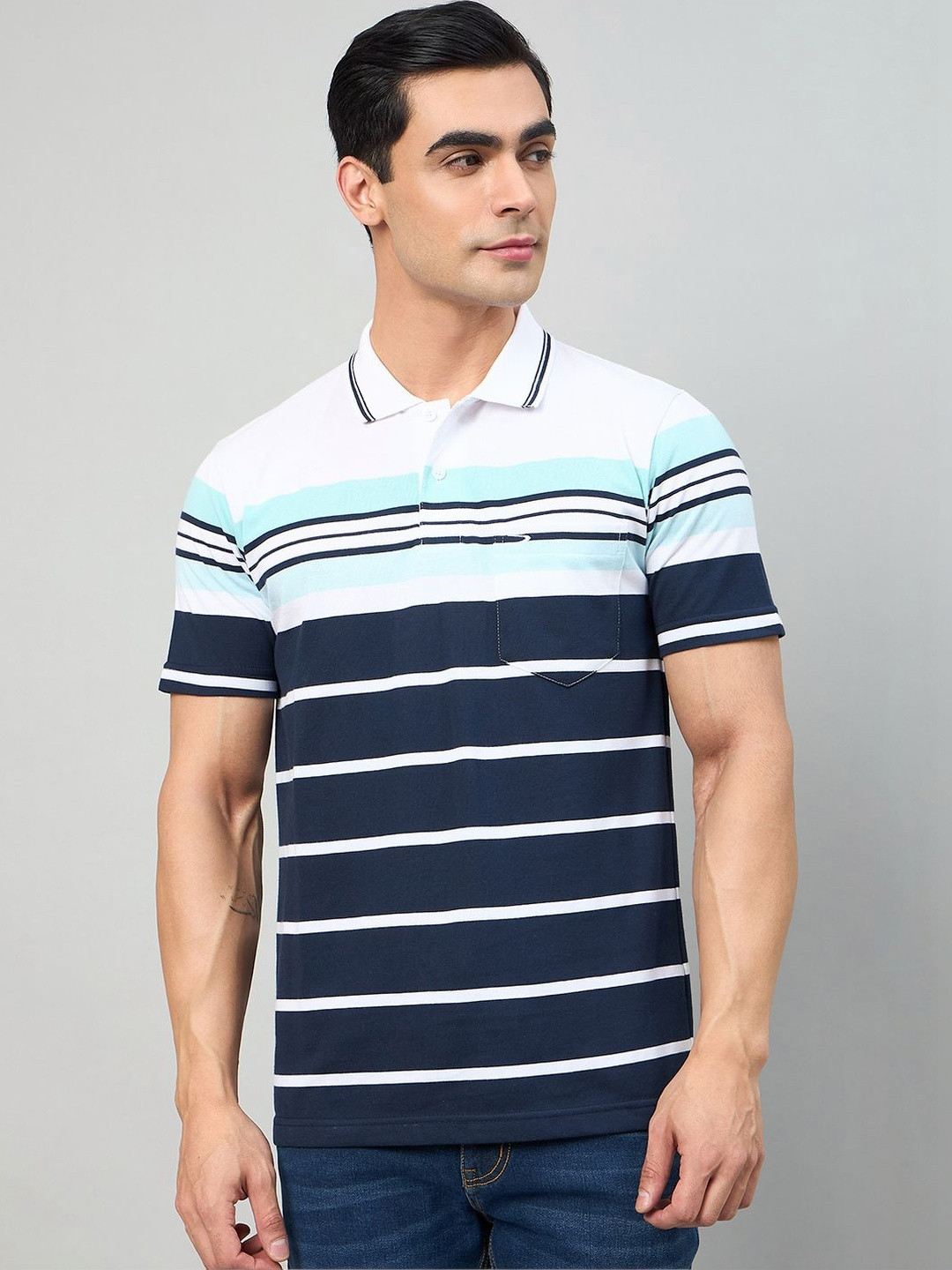 Duke Men Striped Polo Collar Pockets T-shirt