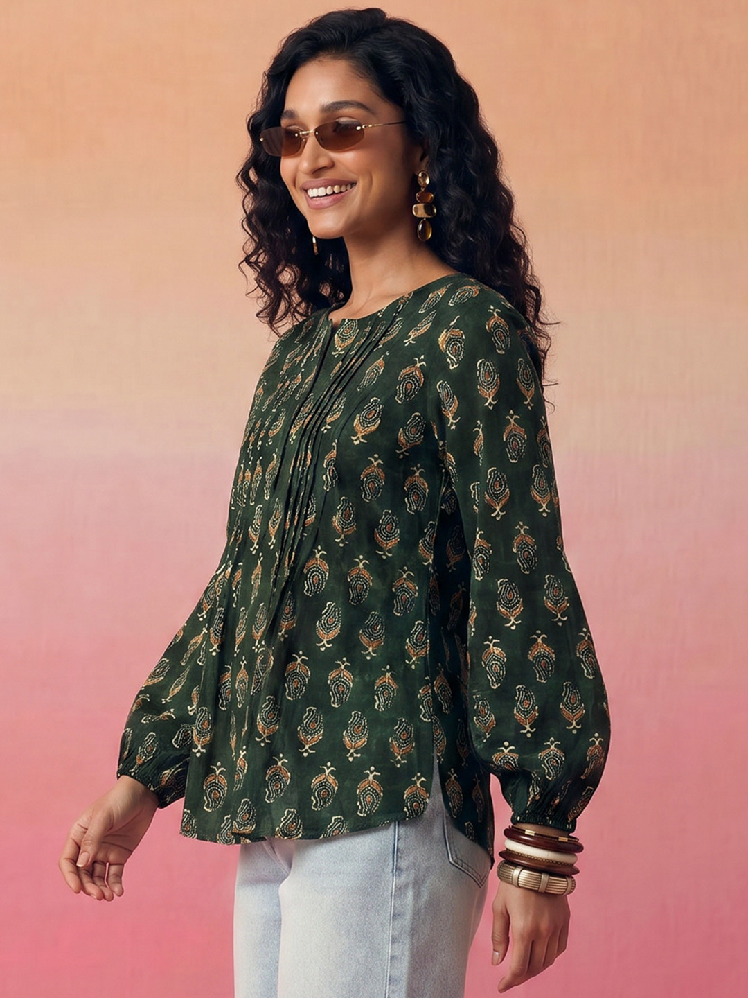 Green Paisley Print Puff Sleeve A-Line Cotton Top