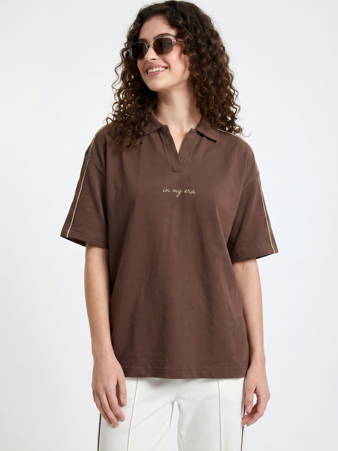 Coffee Brown Typography Polo Collar Relaxed Fit T-shirt