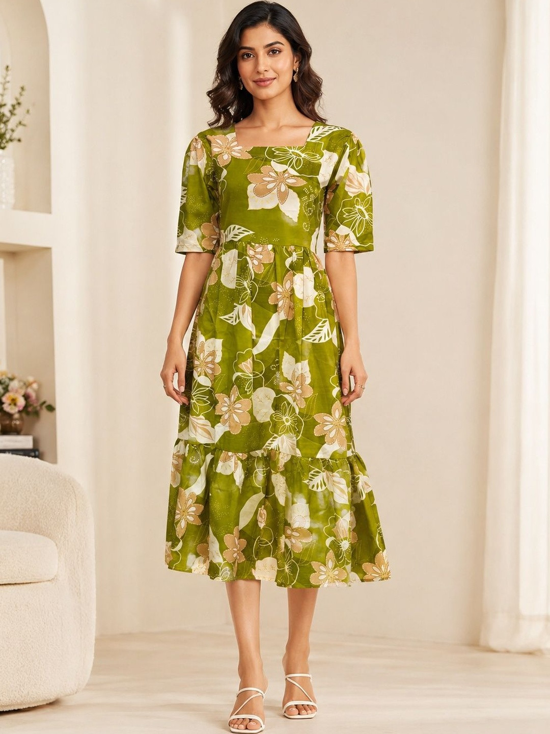 HARIKS Floral Print A-Line Midi Dress